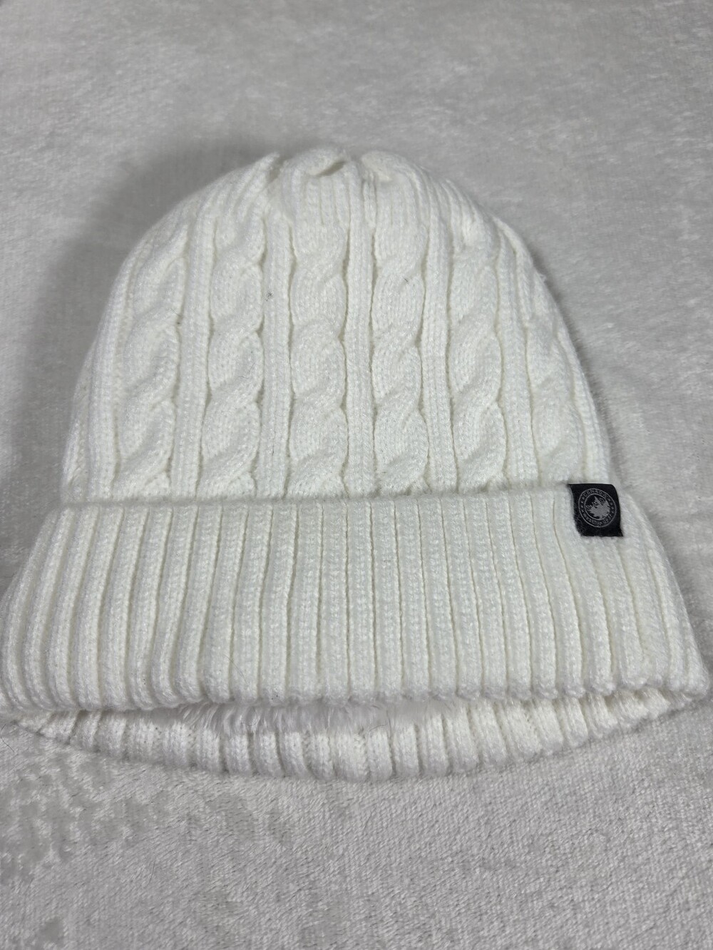 Canada Weather Gear White Cable Knit Thermal Plush Lining Cuff Beanie Hat Cap